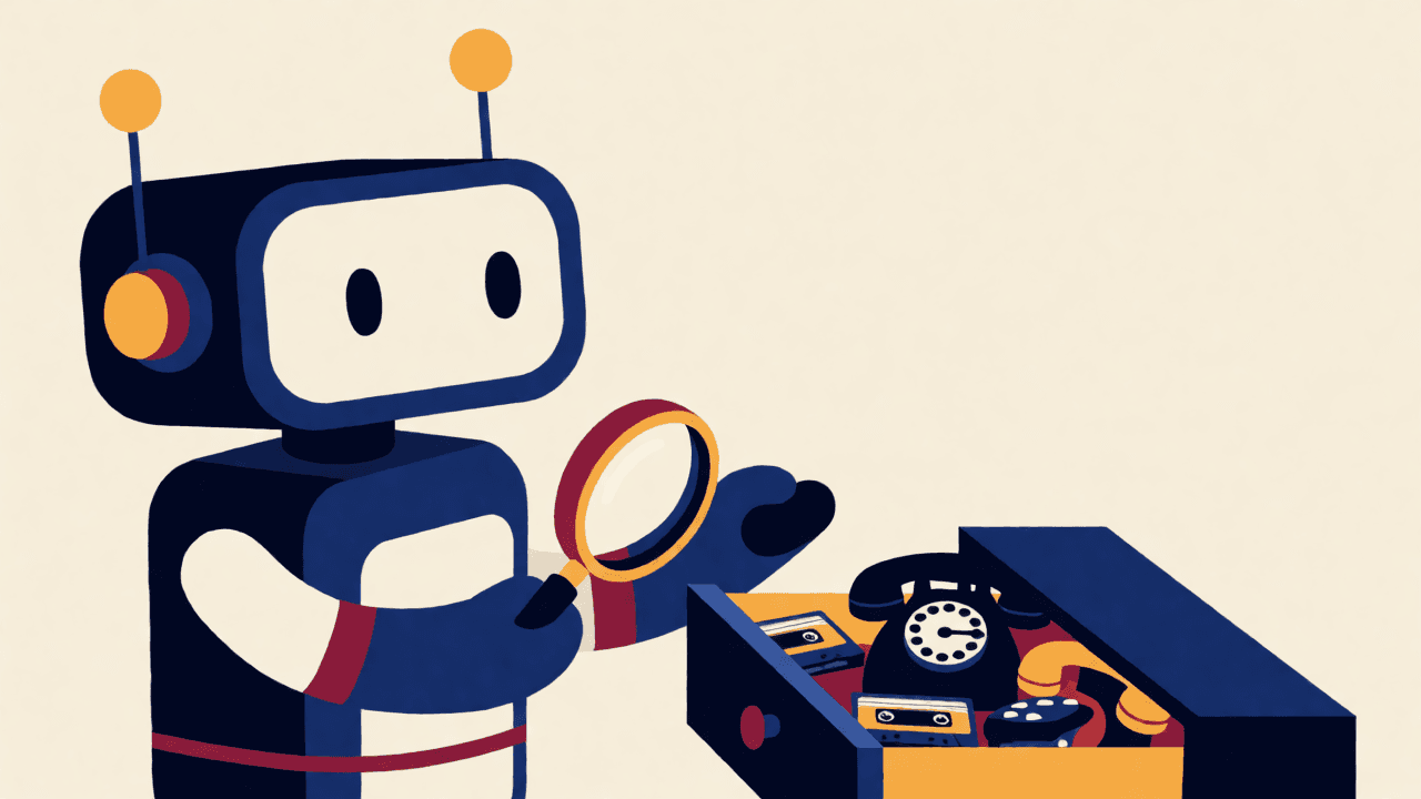 Illustration of the mascot discovering a drawer of old telephone handsets and tapes