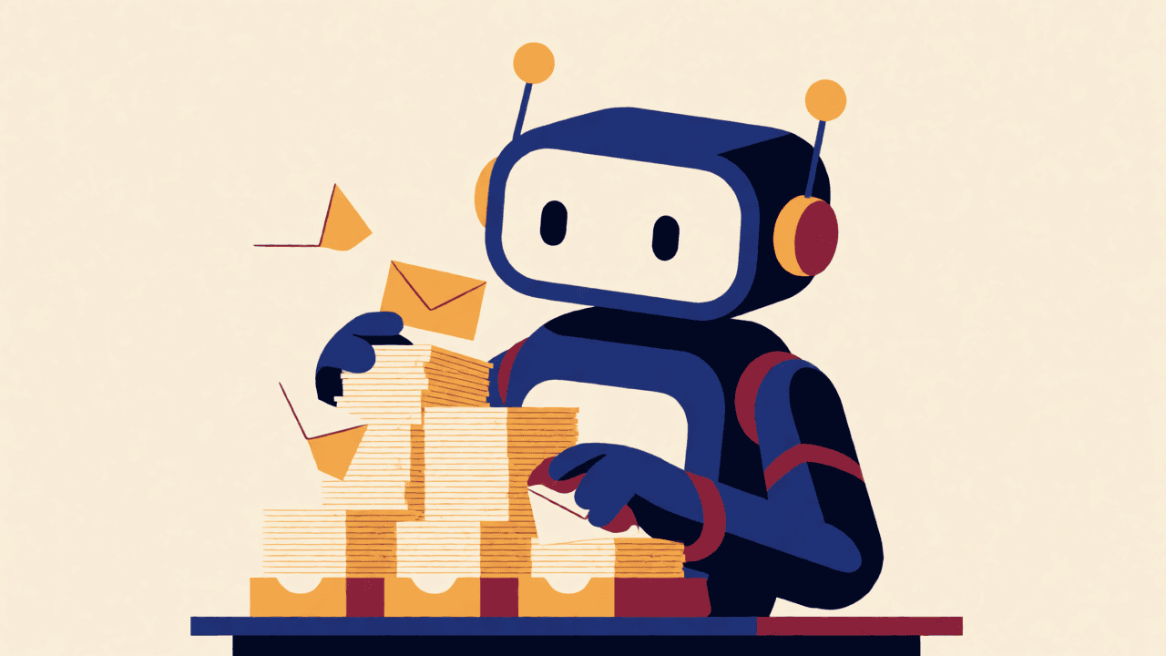 Illustration of the Yobot mascot sorting a towering stack of envelopes into tidy trays