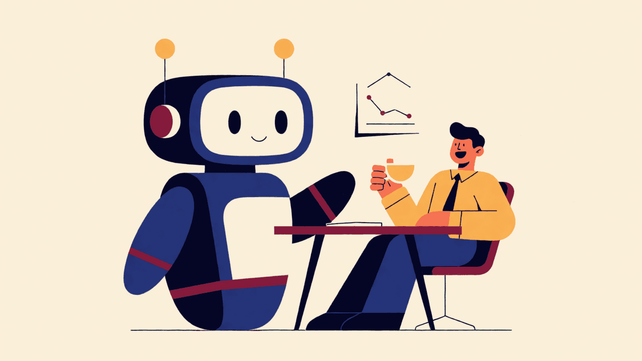 Illustration of the mascot beside a relieved business owner under a chart trending down