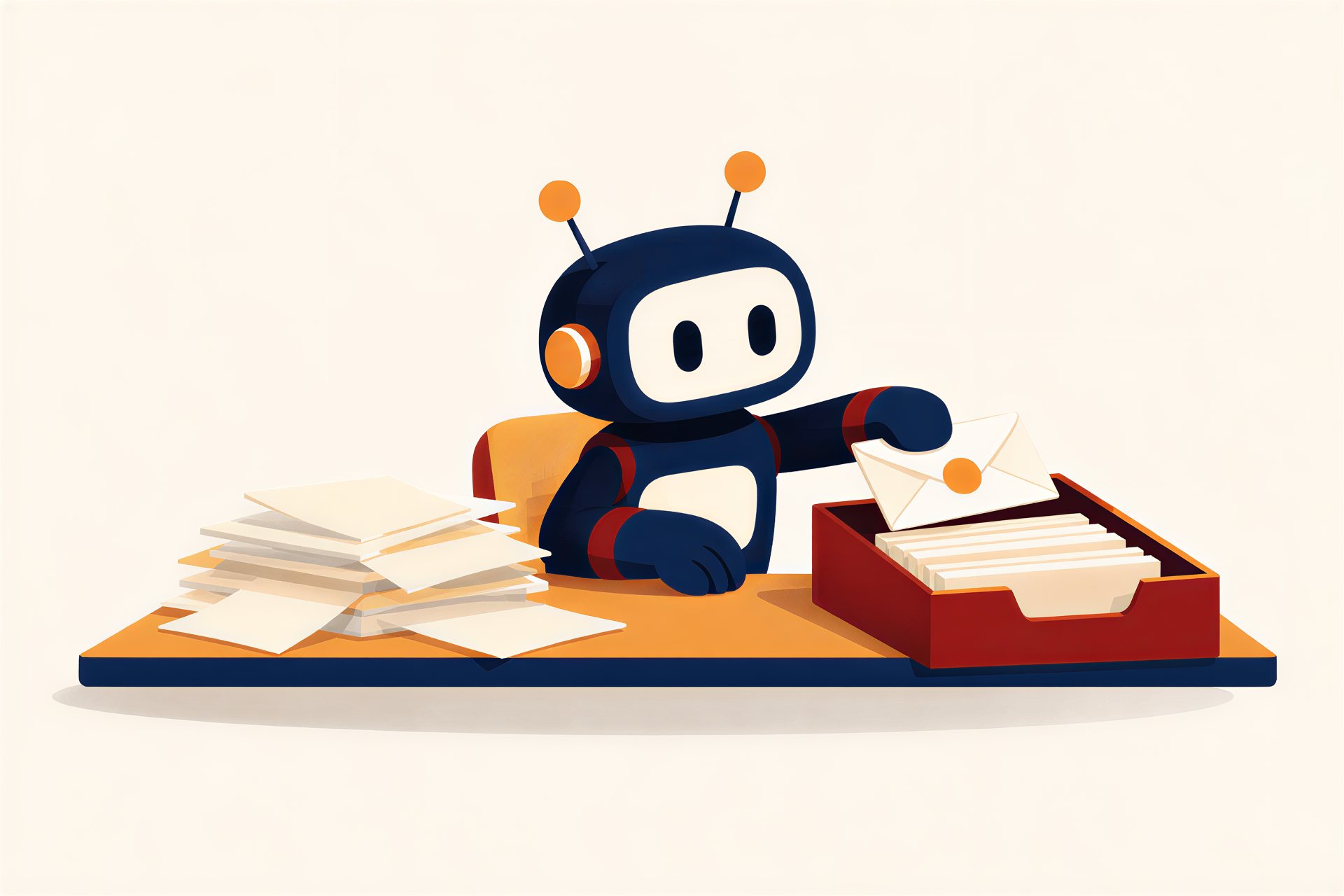 Illustration: Yobot at a small desk sliding one finished, sealed letter into a tray