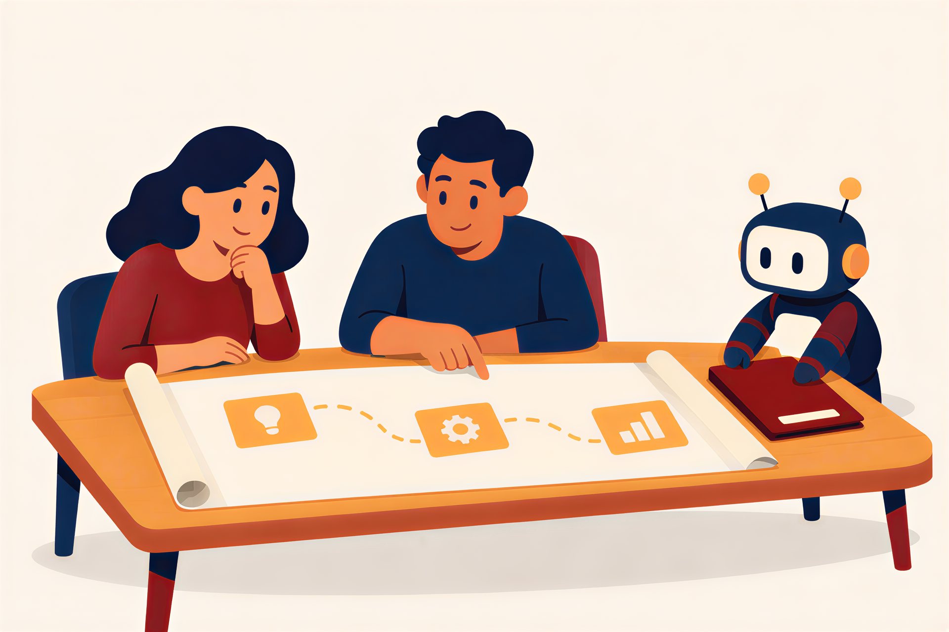 Illustration: two people at a table looking over a map of work while Yobot sets down a tidy folder