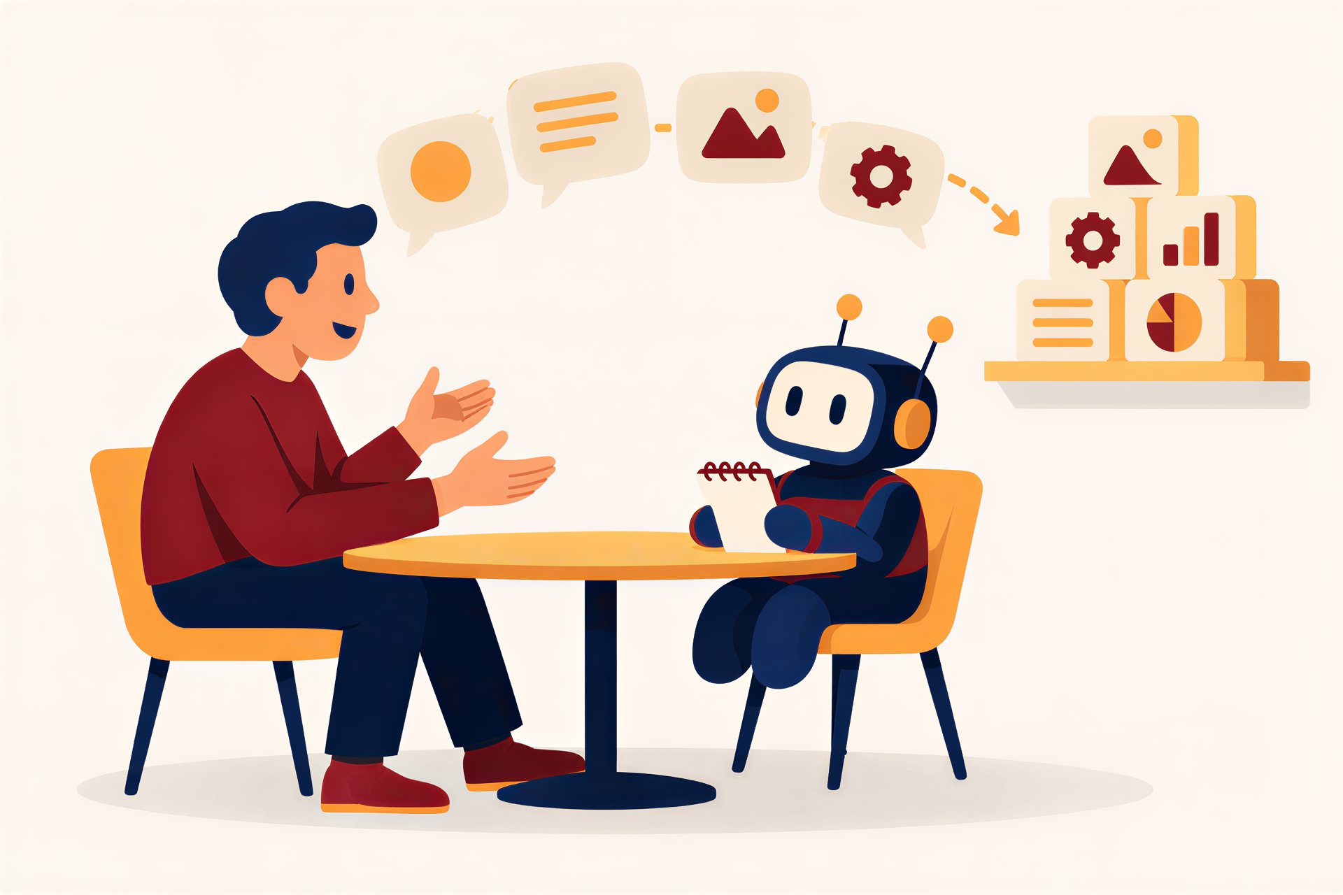 Illustration: a business owner talking at a small table while Yobot takes notes and the ideas stack up on a shelf