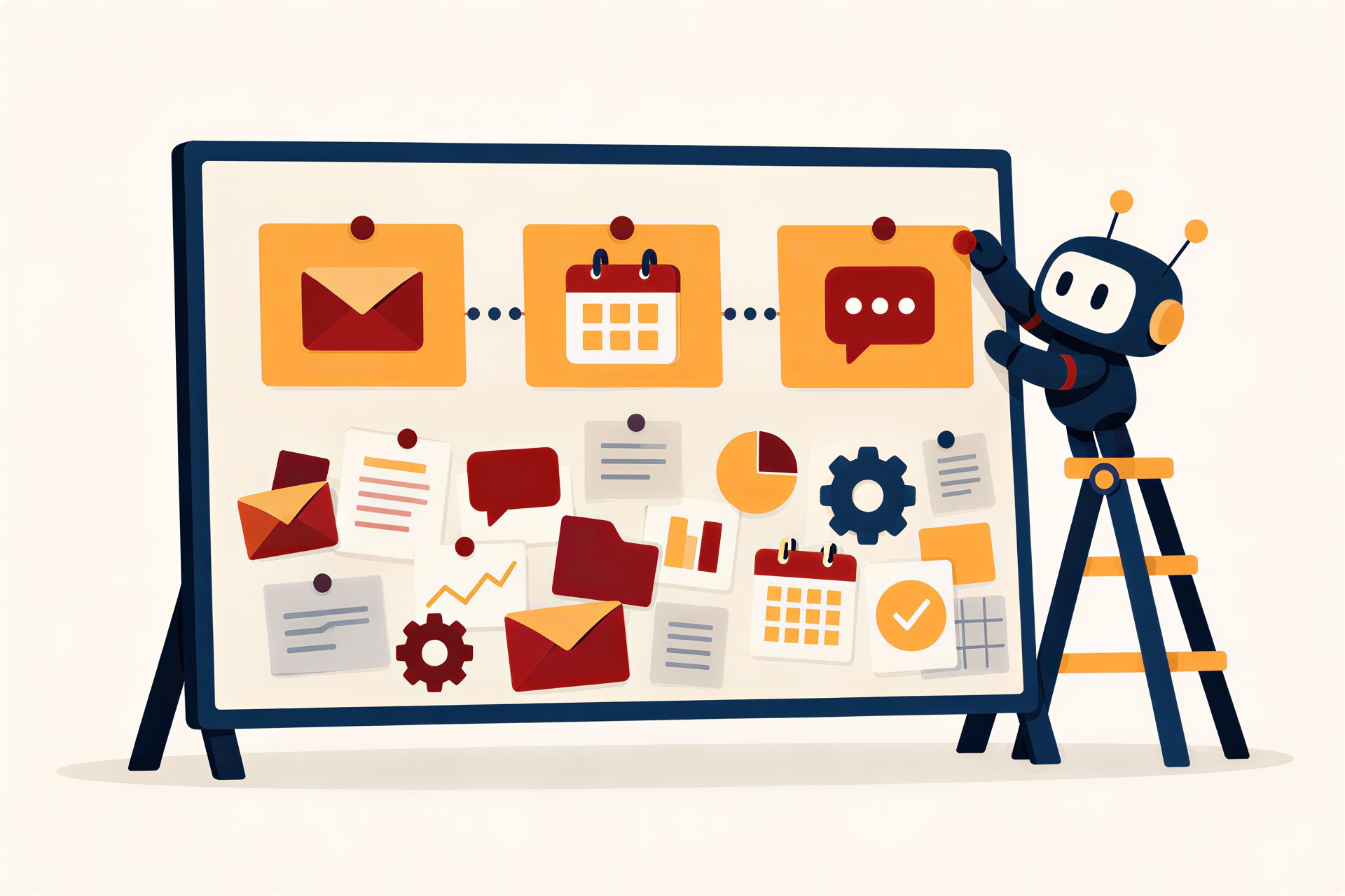 Illustration: Yobot on a step ladder pinning the third of three orange cards onto a big map of work
