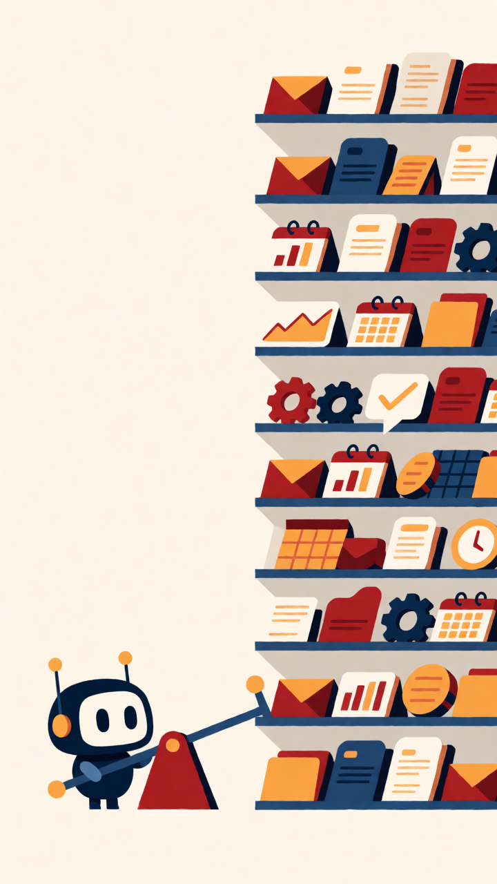 A Yobot sorting a tall wall of busywork into tidy shelves