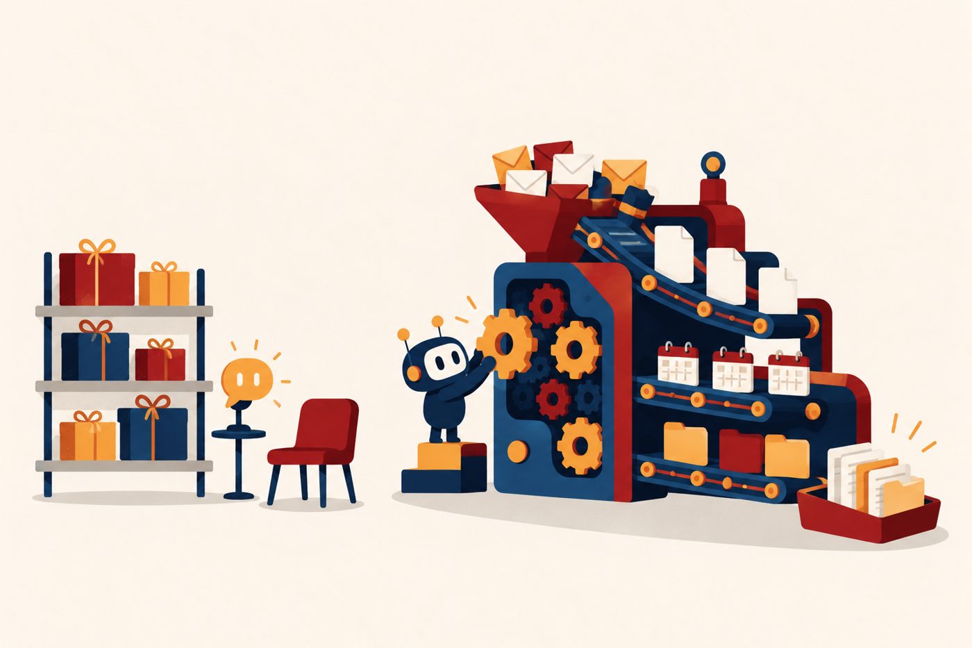 Illustration: unopened AI tools sit on a shelf while Yobot fits a glowing part into the business machine, which starts turning