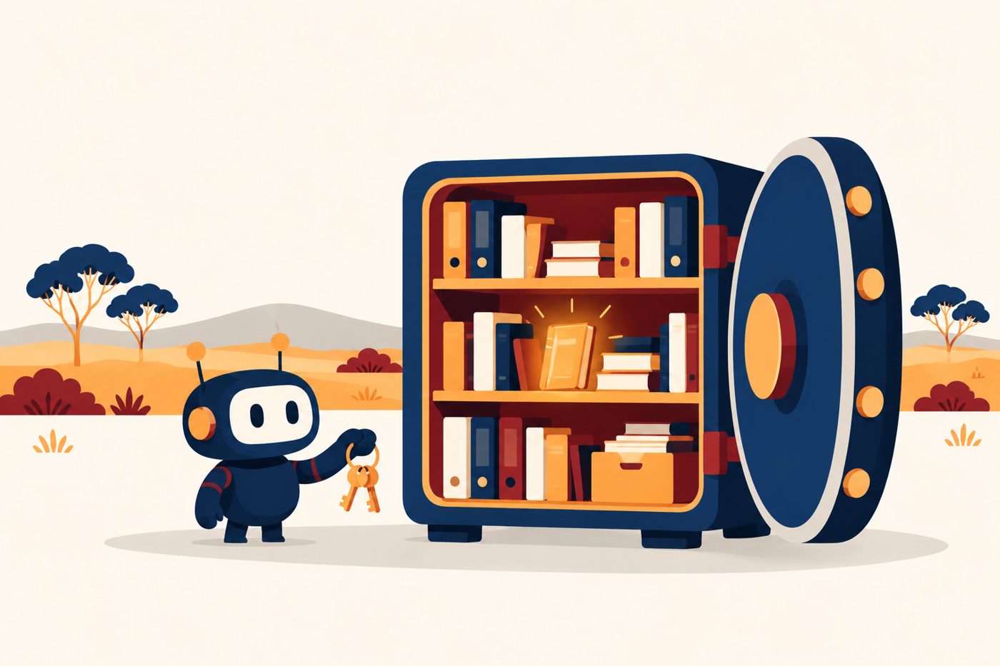 Illustration: Yobot stands beside an open vault of business knowledge, with gum trees on the horizon