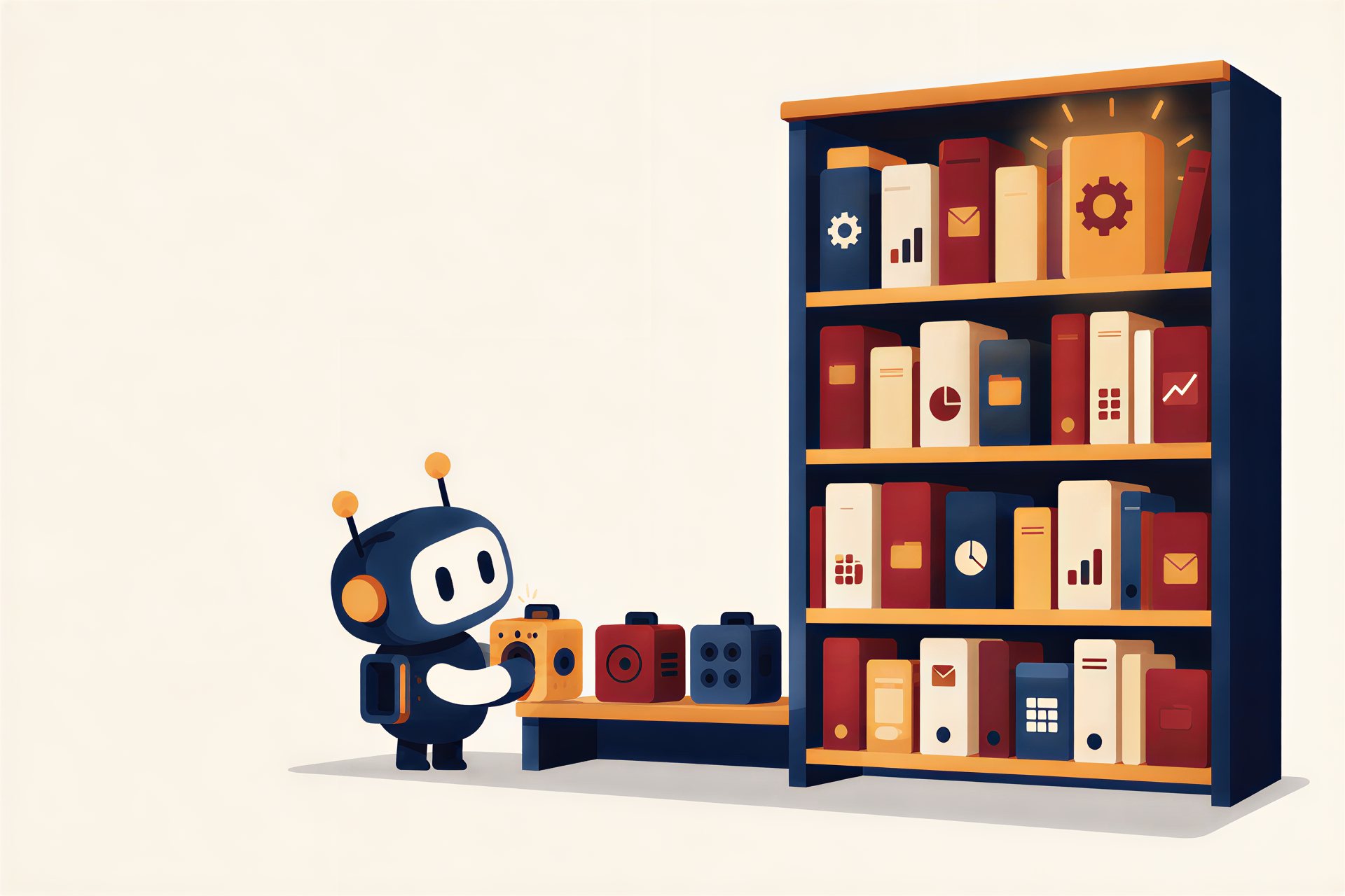 Illustration: Yobot beside a bookcase of business knowledge while a new engine block clicks into place