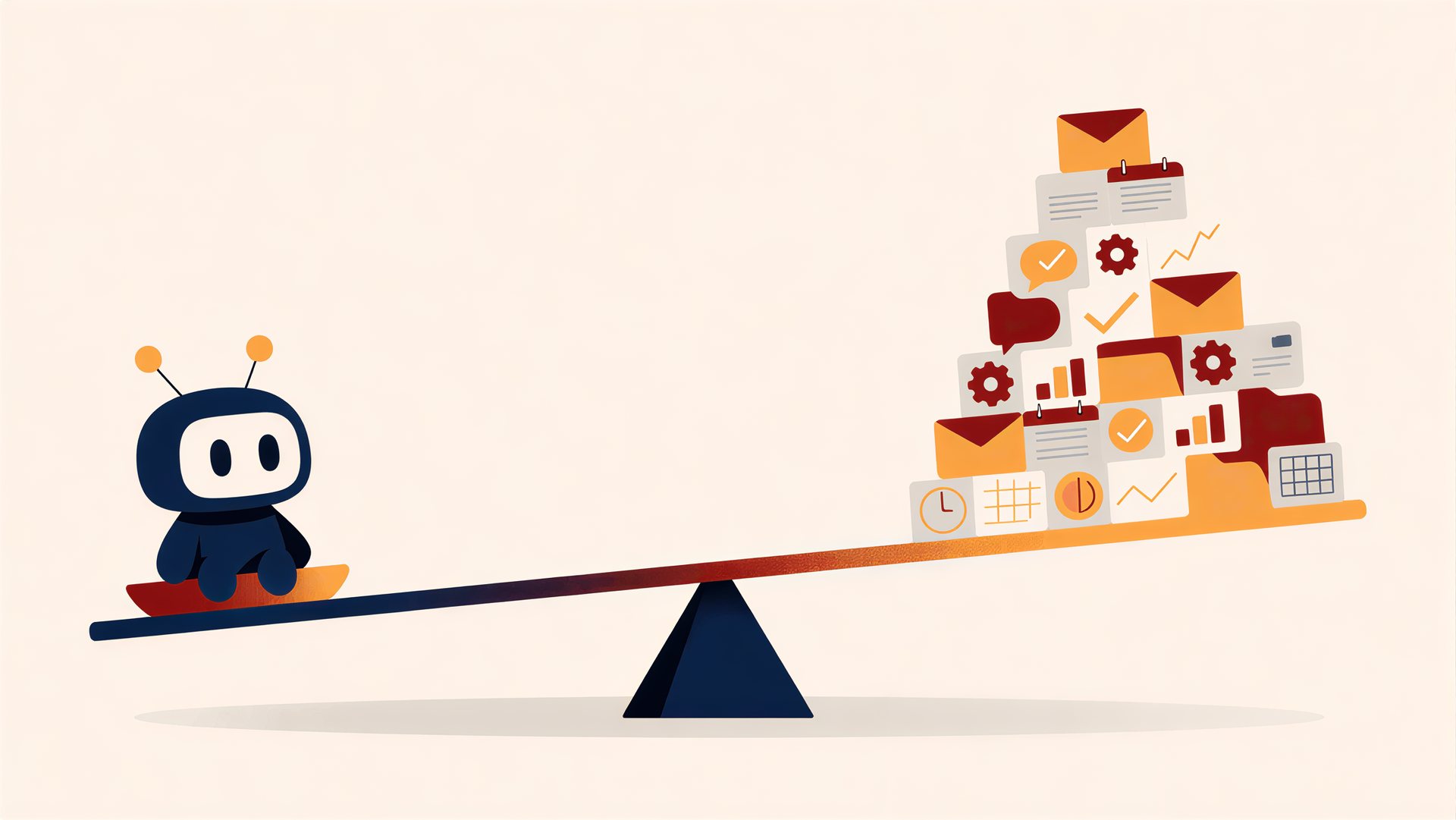 Illustration: a small Yobot on a seesaw lifting a mountain of tidy work