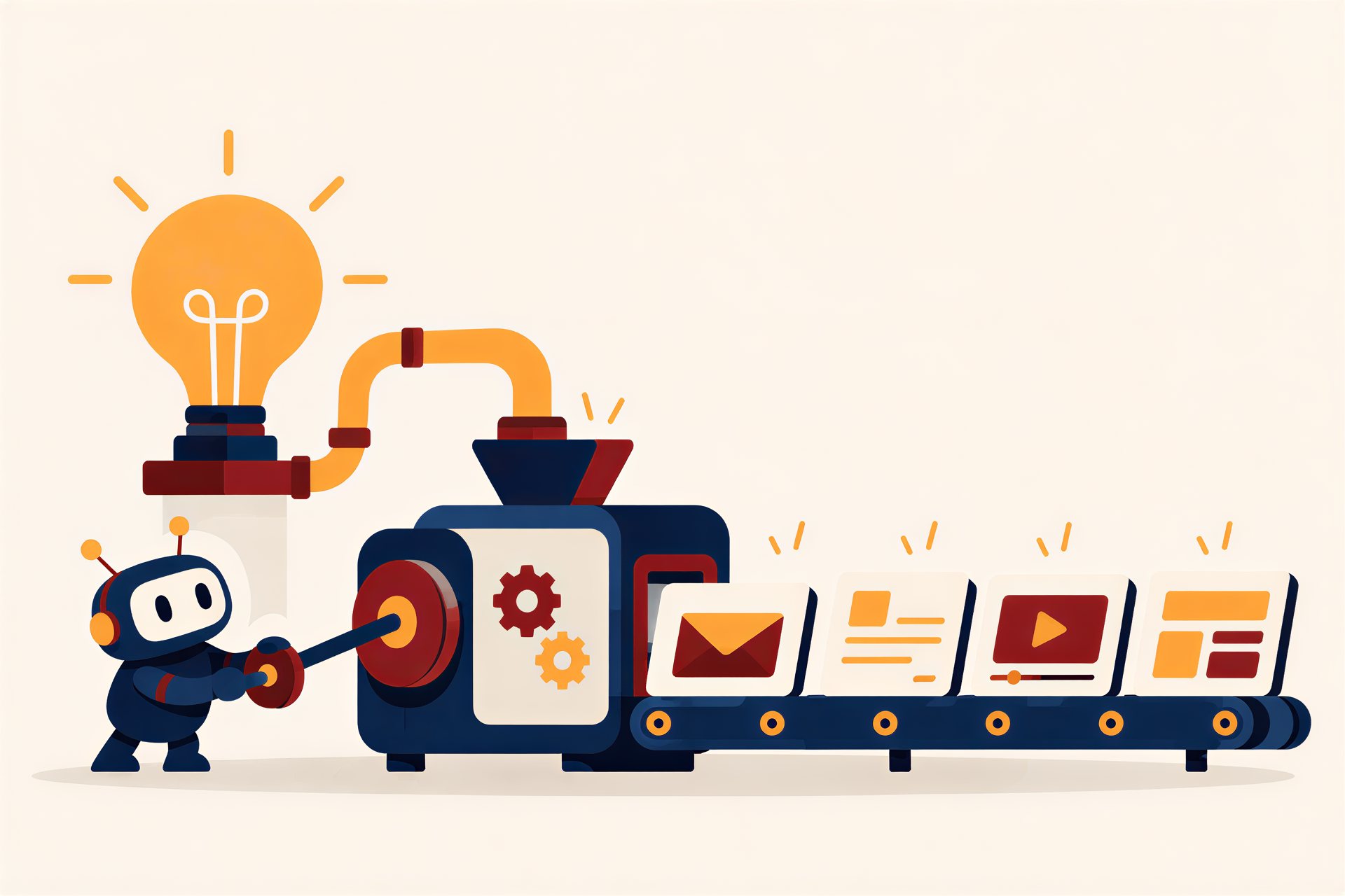 Illustration: one glowing idea feeds a small press that Yobot runs, printing a newsletter, a post, a video frame and a web page