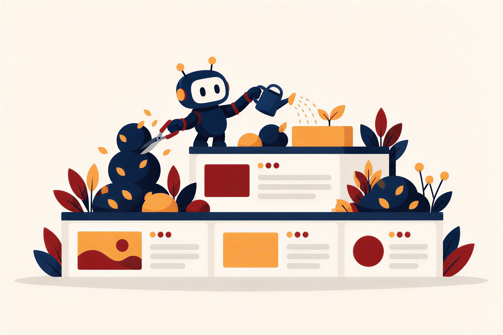 Illustration: Yobot tends a website drawn as a terraced garden, planting one new orange block