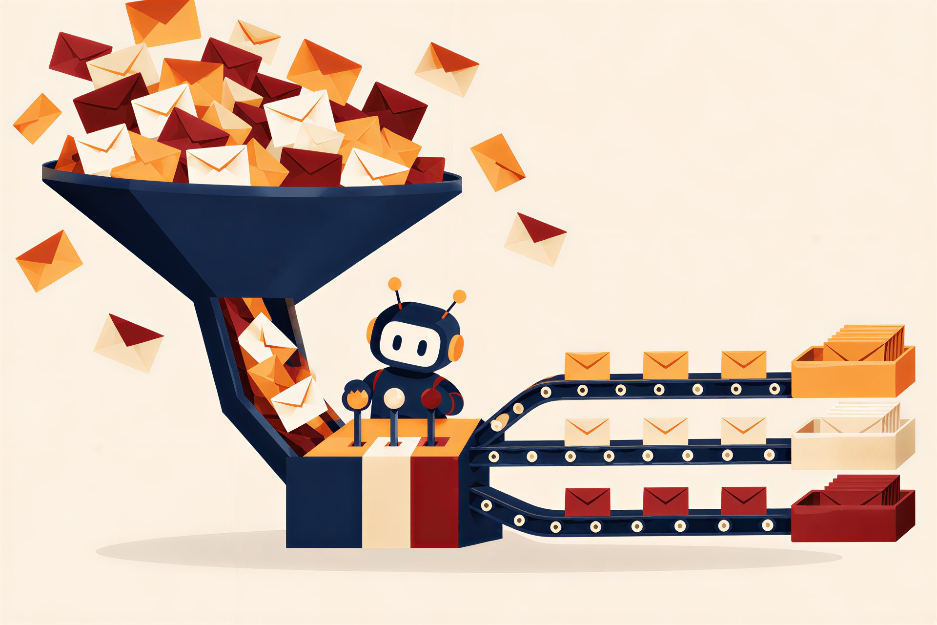 Illustration: Yobot works a control desk that turns an overflowing funnel of email into three tidy trays