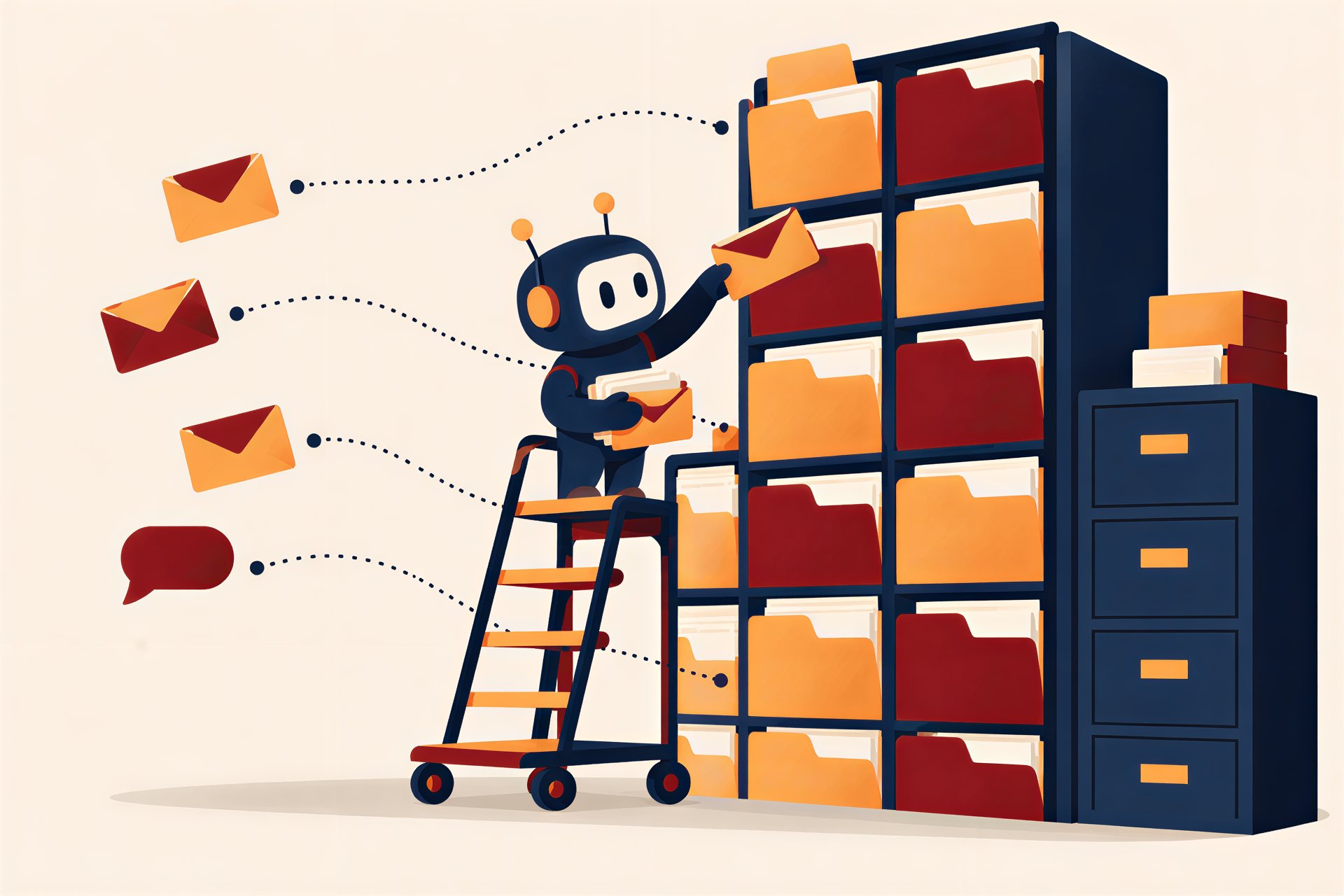 Illustration: Yobot on a rolling ladder files each email into the matching job folder