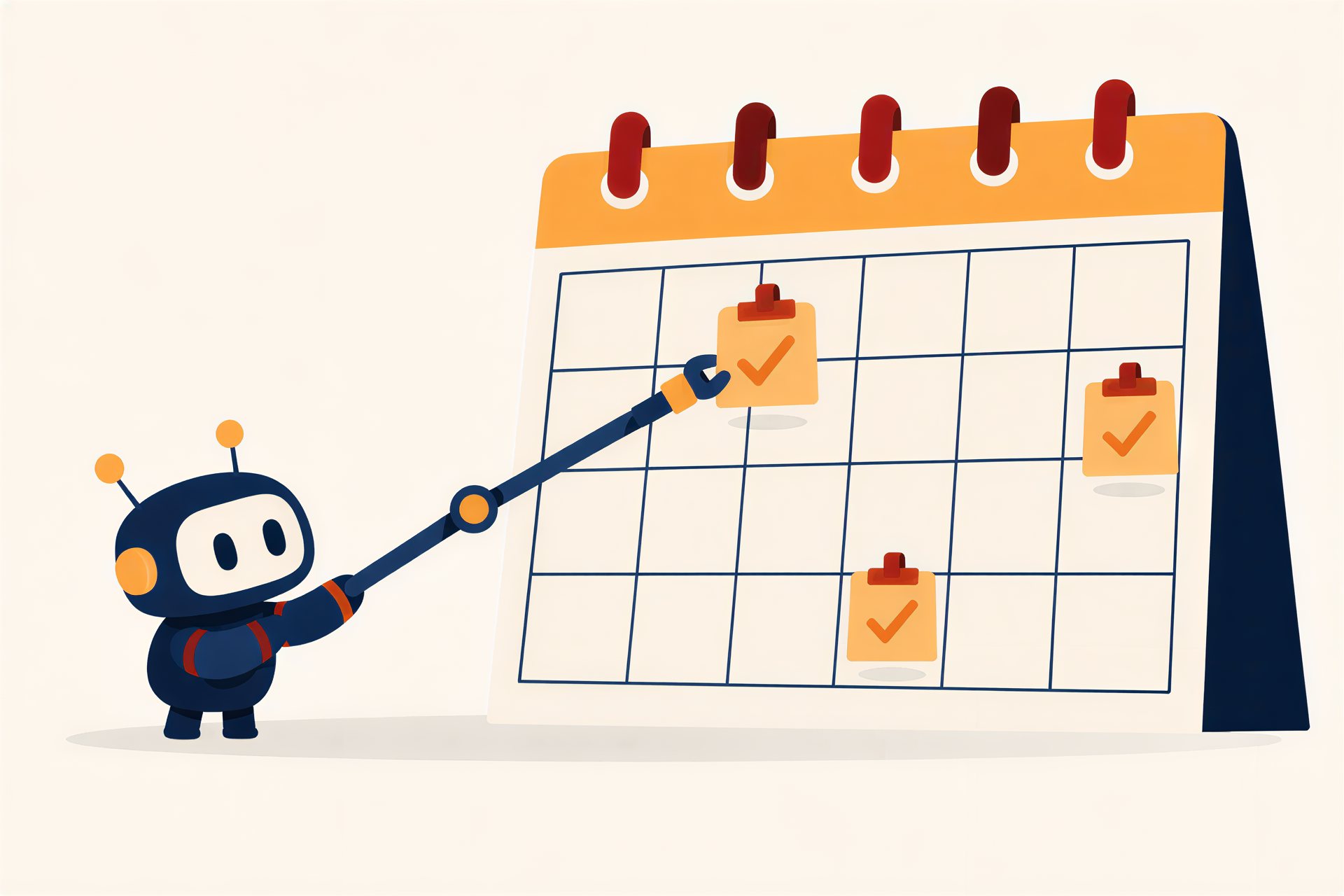 Illustration: Yobot moves a marker along a big wall calendar hung with ticked reminder tags
