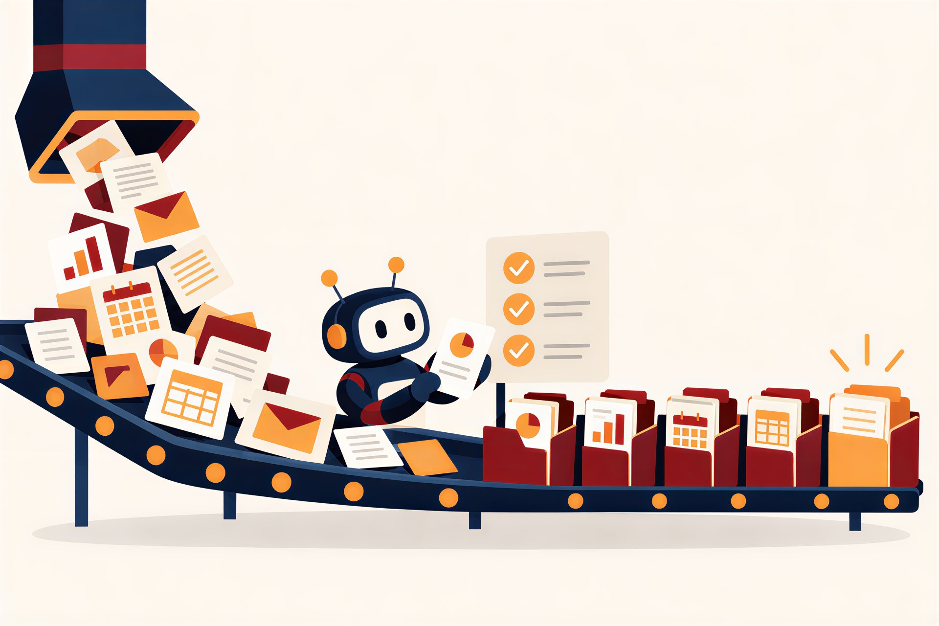 Illustration: a chute delivers documents into client folders while Yobot ticks them off a checklist