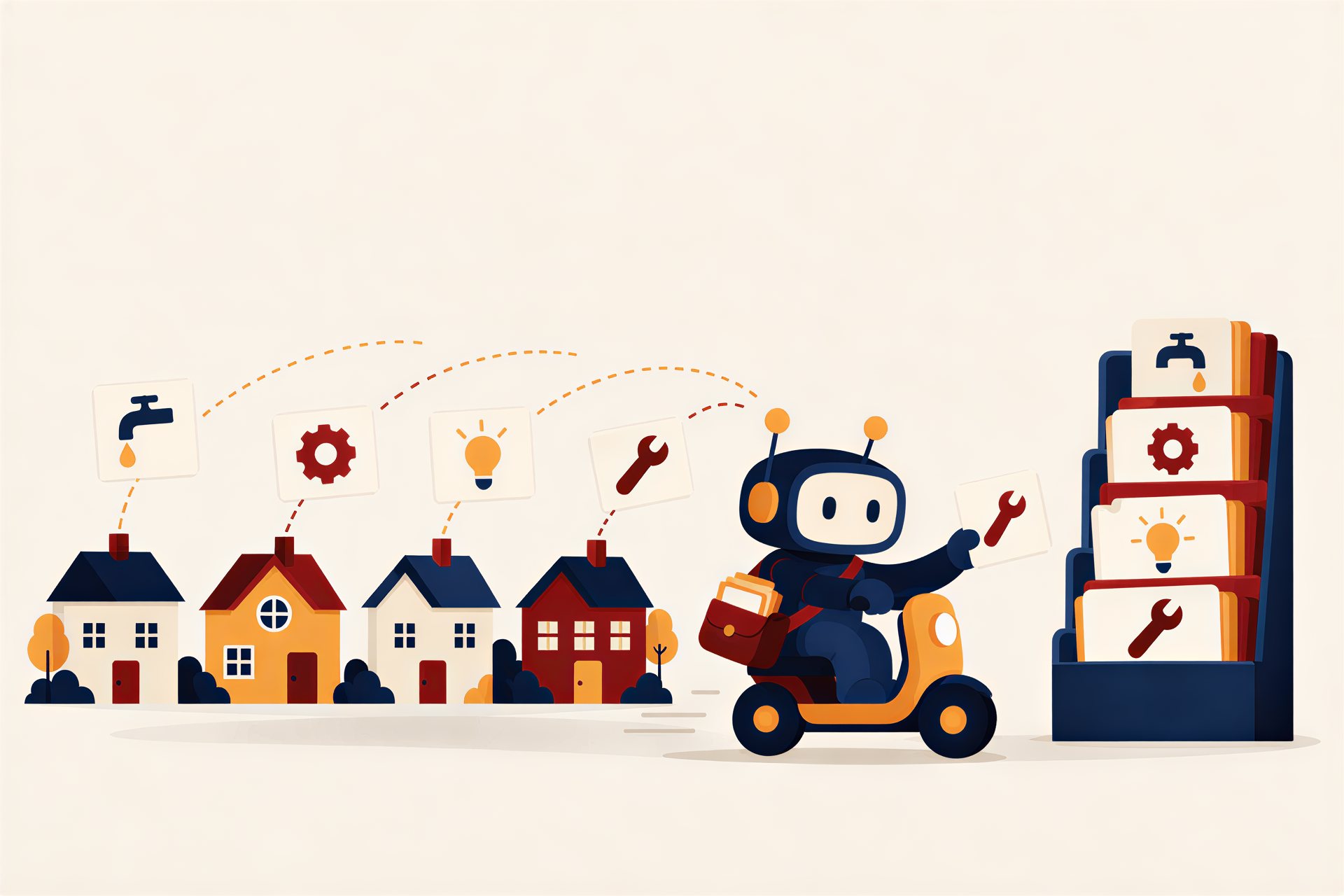 Illustration: Yobot on a scooter collects maintenance requests from a row of houses and racks them as tidy tickets