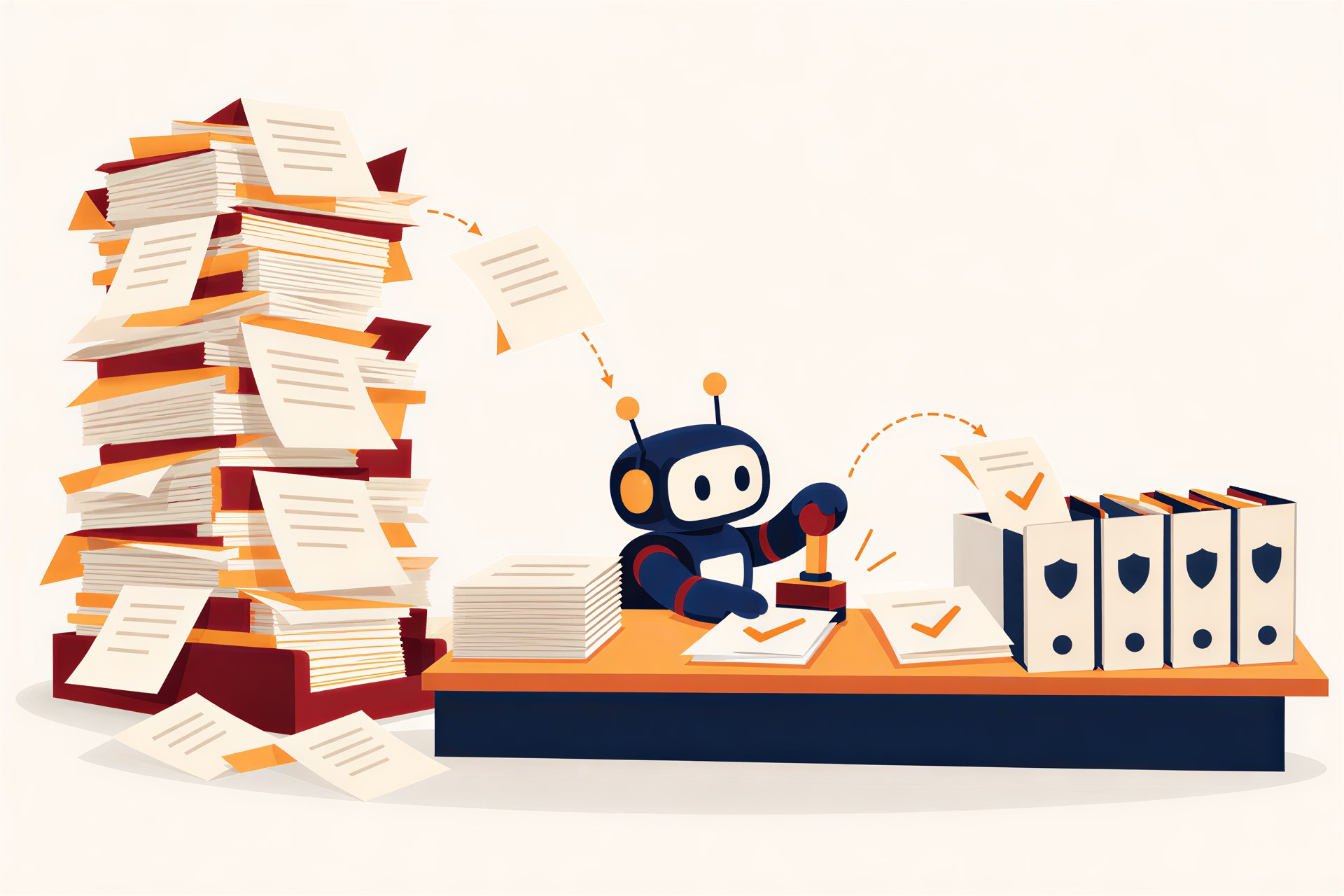 Illustration: Yobot stamps a stack of forms with an orange tick and files them in a binder
