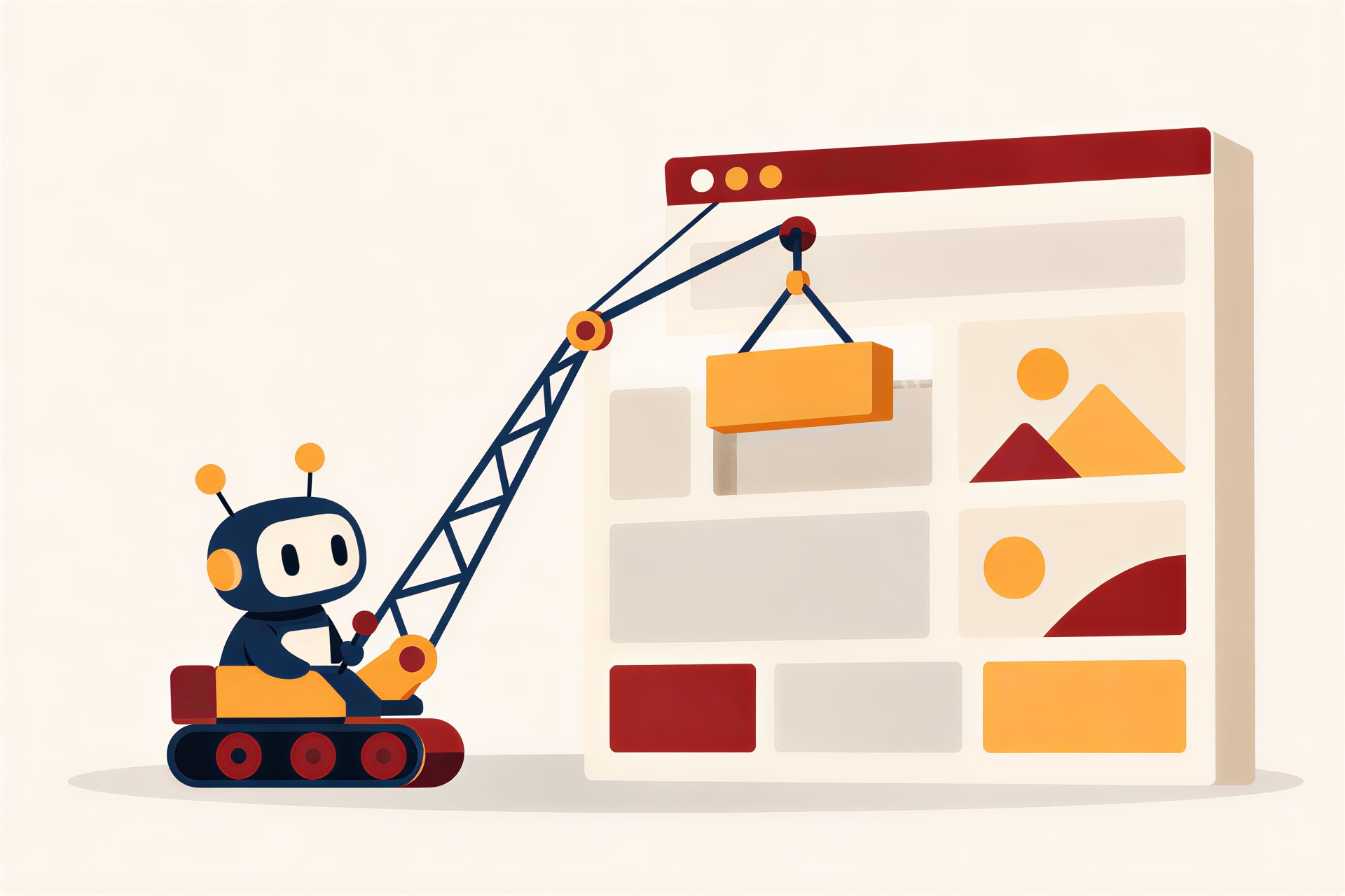 Illustration: Yobot lowers a new block into a website page with a small crane
